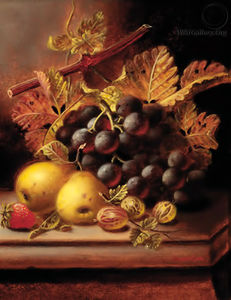Uvas , Manzanas , Grosellas , y una Fresa en un Cornisa