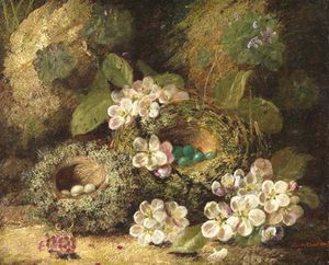 Primroses And Bird's Nests On A Mossy Bank
