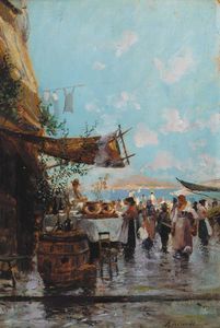 A Market By The Bay Of Naples With Mount Vesuvius Beyond
