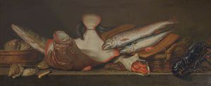 Still Life Of Lobsters, Mackerel And Other Fish On A Ledge