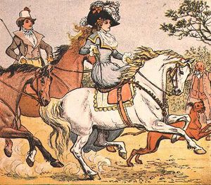 Ein feine dame auf einer weißes pferd von fahrt Ein hahn-pferd