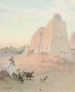 An Arab Bedouin With His Flock Of Goats Before A Pylon At Karnak