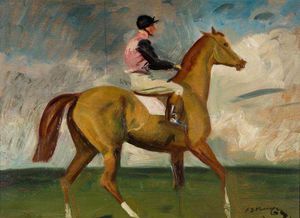 A Chestnut Racehorse With Jockey Up In A Landscape