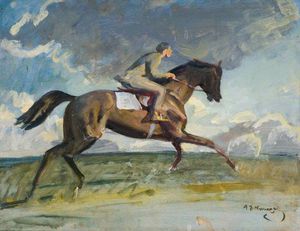 Going Up The Canter, A Boy Exercising A Racehorse
