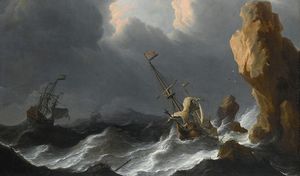 Shipwreck In Heavy Storm Along Rocky Coast