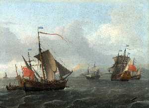  两  英语 船舶 和 一个  荷兰 船