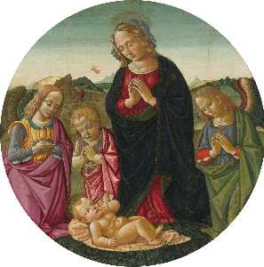 Madonna und infant st john der täufer Anbetend der christus kind mit zwei engel