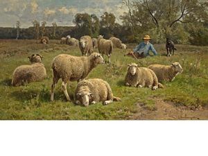 Pastor y sus Perro Guardando Un rebaño de ovejas