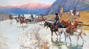 Circasianos cruzar una río a la puesta del sol