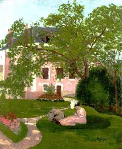 Jeanne con l'ombrello seduti in il giardino Di Coulombs