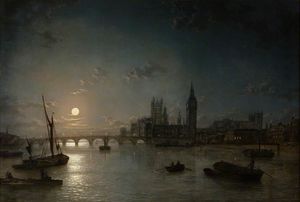 casas del parlamento desde el Thames luz de la luna