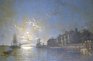 Off Tilbury, Essex, Shipping On The Thames In Moonlight