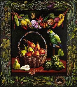 Summer Still Life With Basket Of Pears & Paco The Parrot