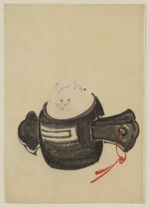 Mouse, Facing Front, Sitting On A Mallet With Red Ribbon Through A Hole In The Handle