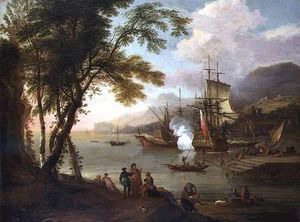 Un capricho de un puerto del Mediterráneo con el envío, los comerciantes y los estibadores - Adriaen Van Diest