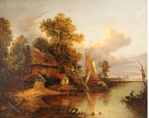 una cabaña por una Río con los barcos y cifras