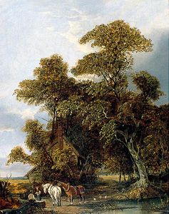 cabaña paisaje con figuras y caballos por una estanque