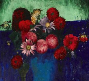 nature morte , dahlias et daisies dans un bleu vase