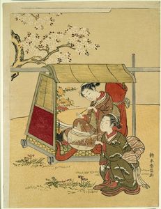 A Beauty Resting In A Palanquin Beneath Cherry Blossoms