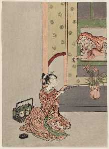 A Young Woman Smoking And Daruma Emerging From A Hanging Scroll