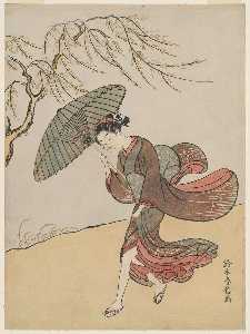 Young Woman Carrying An Umbrella In A Gust Of Wind