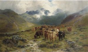Highland Cattle And Drovers In A Valley