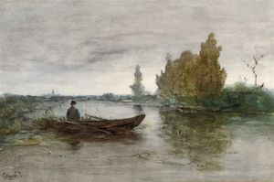 Un pêcheur à la ligne dans un paysage Polder