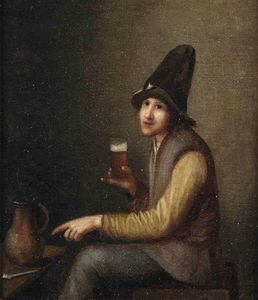 A Young Man Holding A Glass Of Beer, A Pipe And A Jug On A Table