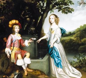 Hulst ritratto di una giovani uomo Offerta un drink ad una giovani signora levarsi in piedi vicino Un Fontana