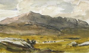 Eine umfangreiche Berglandschaft mit Vieh auf einem entfernten Spur