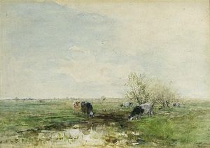 Watering Cows In A Polder Landscape
