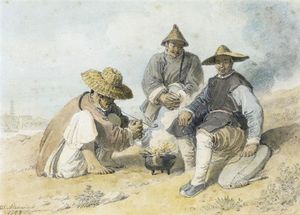 Three Chinese Figures Smoking