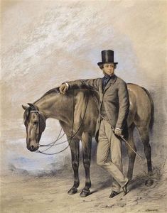 porträt eines herrn , Stehend Full-length Außer ein pferd
