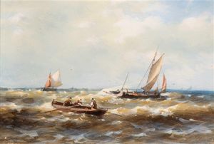 A Rowing Boat And Ships In Choppy Waters