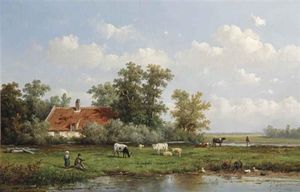 A Polder Landscape With Figures And Cattle