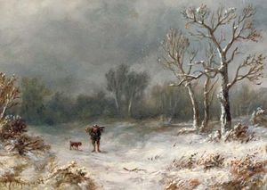 Un Aldeano y sus perro en a paisaje de invierno