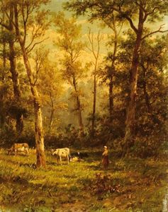 Bergère Avec ses vaches dans une clairière dans une forêt