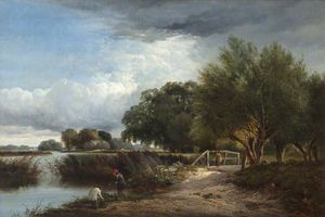 A River Landscape With A Stormy Sky And Figures