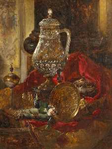 Un bodegón con Un Cristal y jarra otros precious Objetos Arreglado en un drapeado de tela