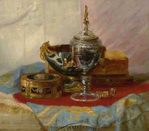 Un bodegón con Un Lady's caja de oro , Un Cristal Cáliz y otra Objetos en un mármol drapeado Tabla