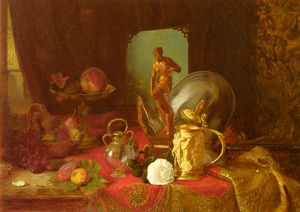 Un bodegón con frutas, objetos de arte y Una rosa blanca en un vector