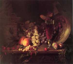 Still Life With Fruit, A Glass Of Wine And A Bronze Vessel On A Ledge