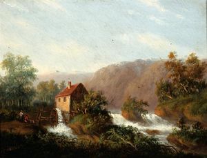 Figures By A Watermill On A River