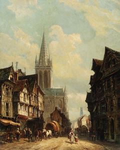 A Sunlit Townview With Figures Passing A Cathedral