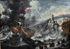 Une côtière paysage avec les navires attrapé a tempête