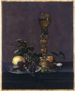 A Roemer Of White Wine On An Elaborate Stand With Black Grapes And Plums On A Pewter Plate,