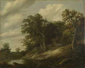 A Cottage Among Trees On The Banks Of A Stream