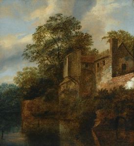 A Figure Standing By A Stone House Along A River