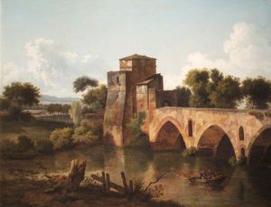 A River Scene With A Bridge And A Boat, With Fishermen In The Foreground