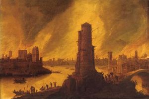 A Burning City By A River With Figures Fleeing In The Foreground